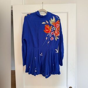 Free People Gemma Long Sleeve Tunic Mini Dress - Blue floral - Size M